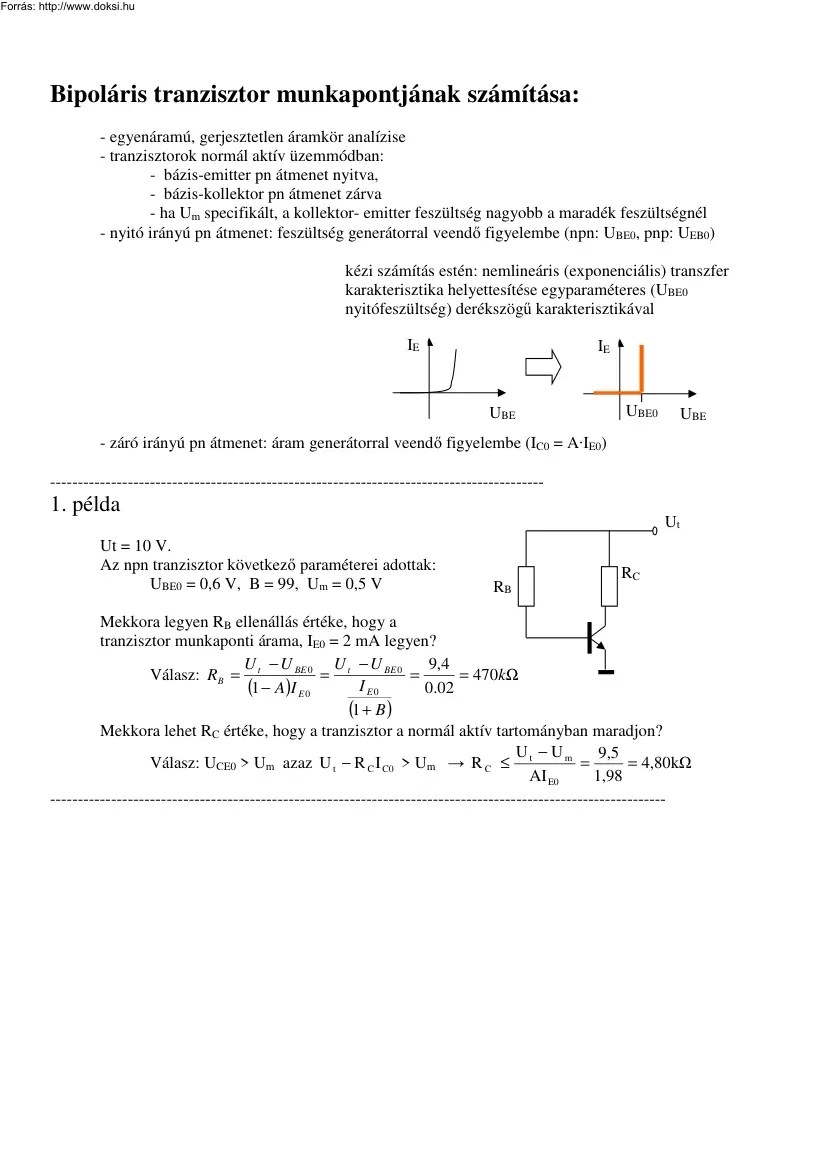 Bipoláris tranzisztor munkapontjának számítása