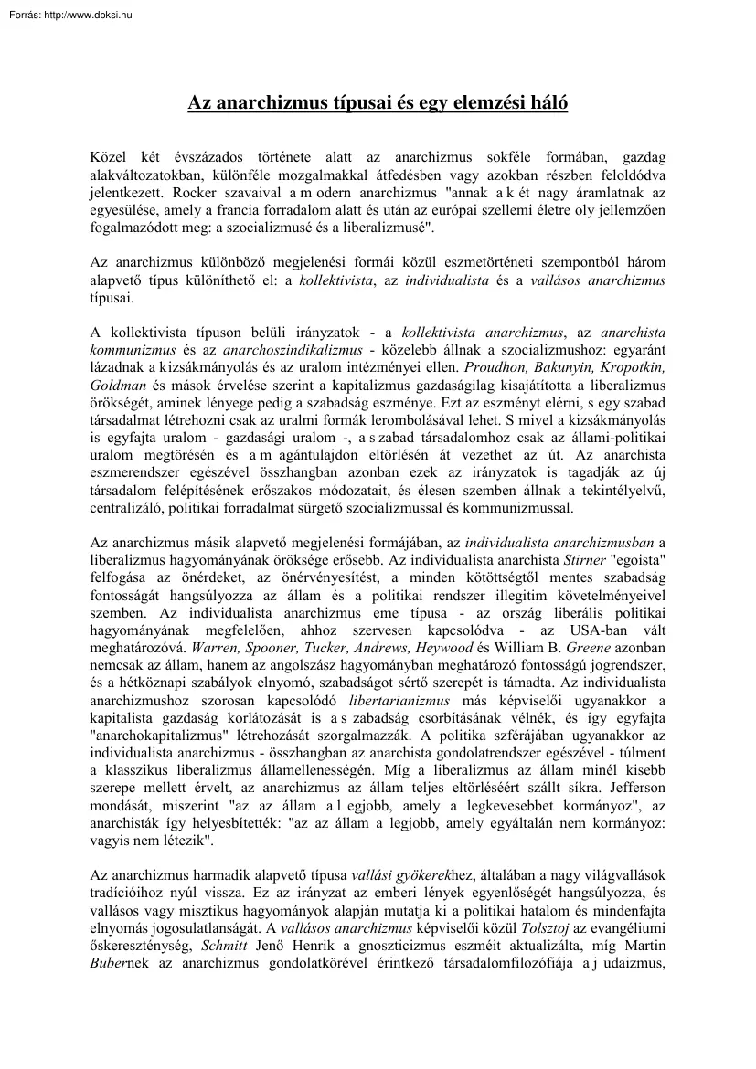 Az anarchizmus típusai és egy elemzési háló