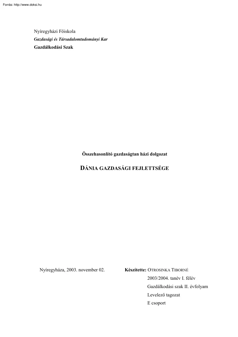 Otrosinka Tiborné - Dánia gazdasági fejlettsége