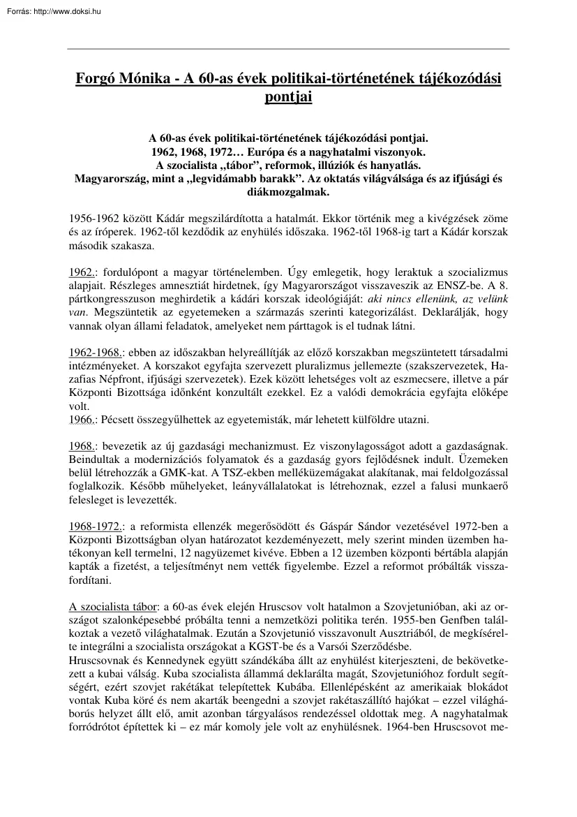 Forgó Mónika - A 60-as évek politikai-történetének tájékozódási pontjai
