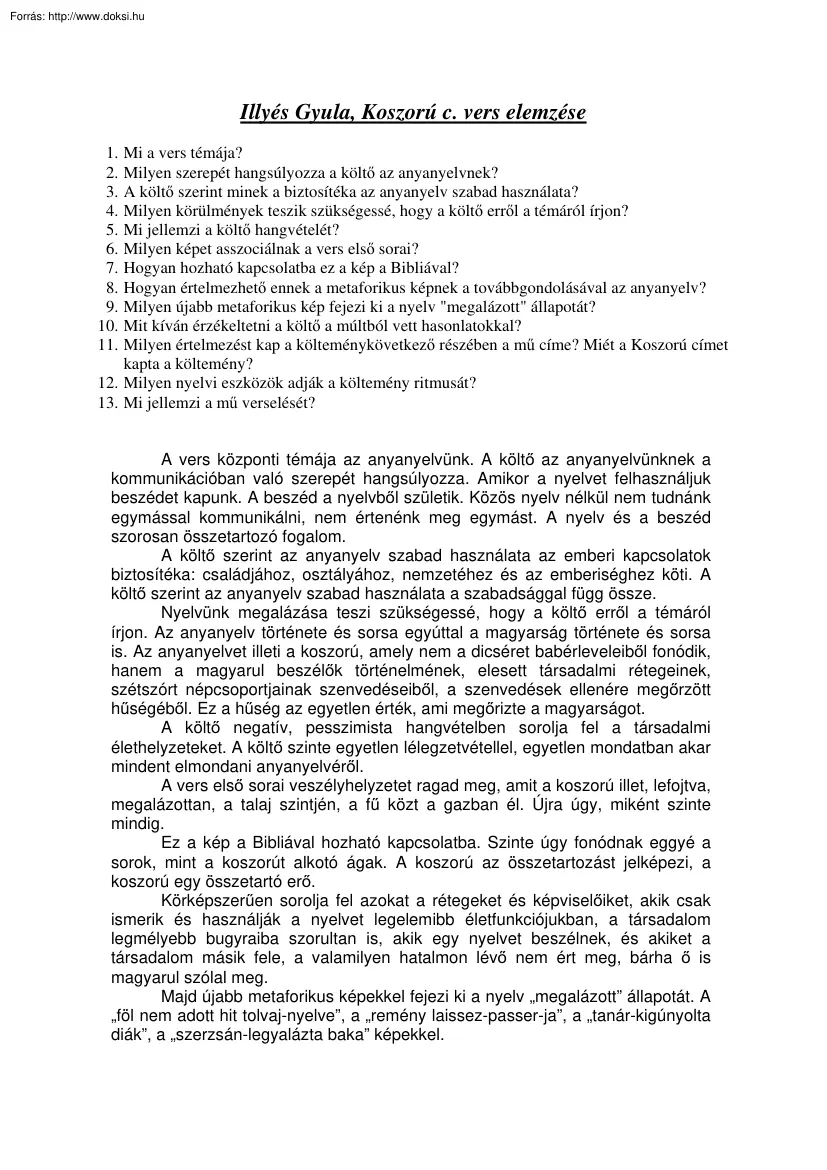 Illyés Gyula, Koszorú című versének elemzése