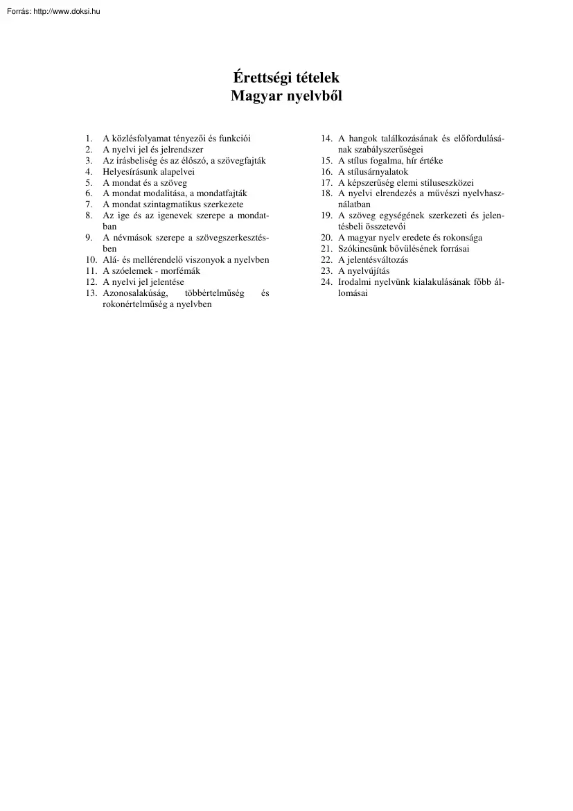 Érettségi tételek nyelvtanból, 2003