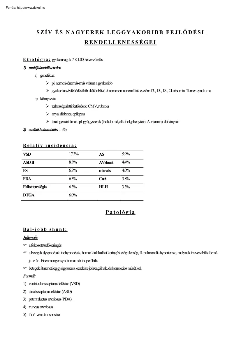 Szív és nagyerek leggyakoribb fejlődési rendelenességei