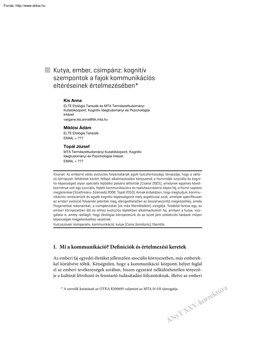 Kis-Miklósi-Topál - Kutya, ember, csimpánz: kognitív szempontok a fajok kommunikációs