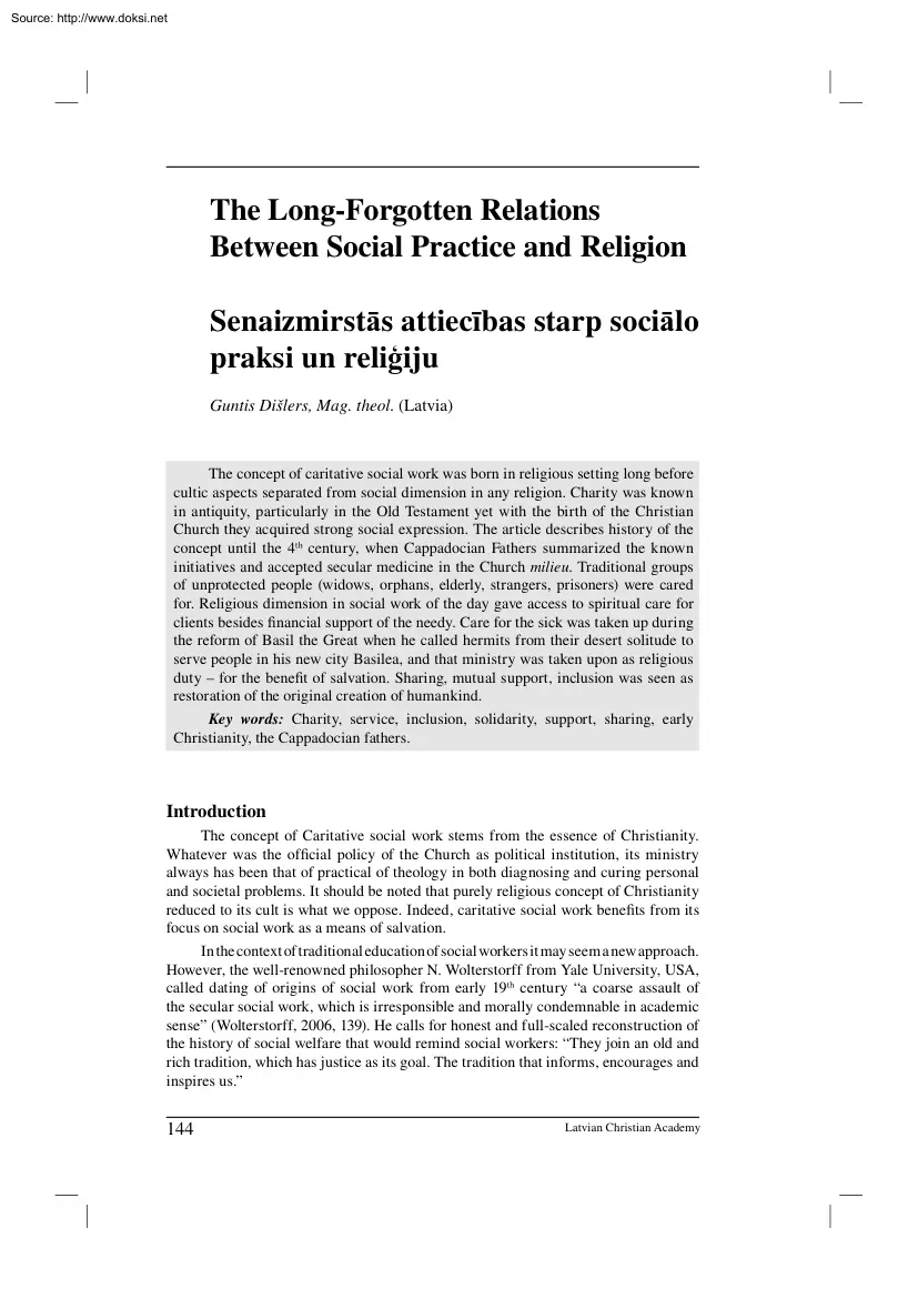 Guntis Dislers - The Long Forgotten Relations Between Social Practice and Religion