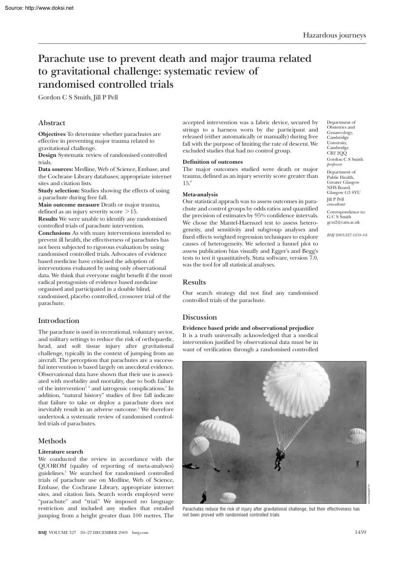 Smith-Pell - Parachute Use to Prevent Death and Major Trauma Related to Gravitational Challenge