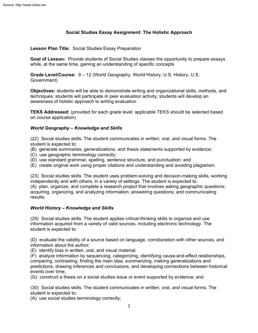 Social Studies Essay Assignment, The Holistic Approach