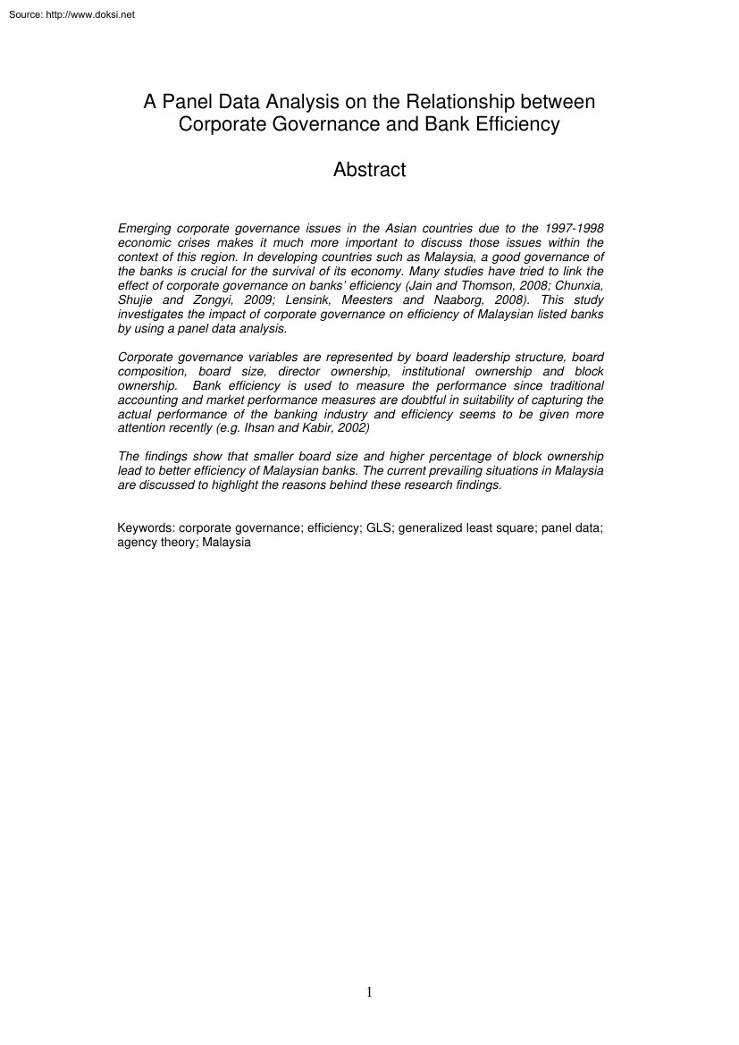 A Panel Data Analysis on the Relationship between Corporate Governance and Bank Efficiency