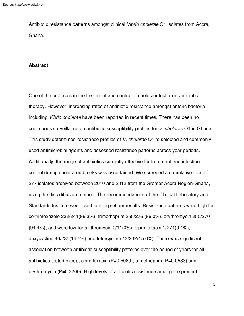 Antibiotic Resistance Patterns Amongst Clinical Vibrio Cholerae Isolates from Accra, Ghana