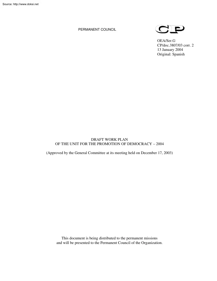 Draft Work Plan of the Unit for the Promotion of Democracy