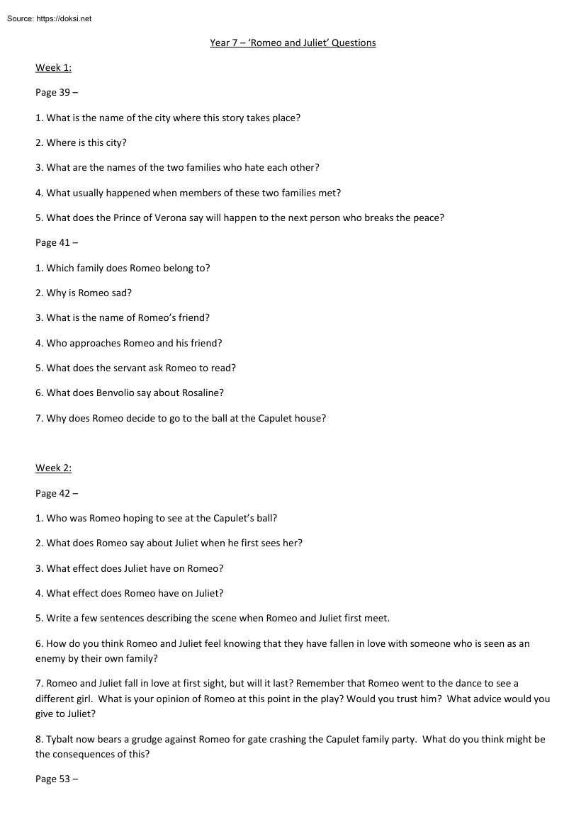 Year 7, Romeo and Juliet Questions