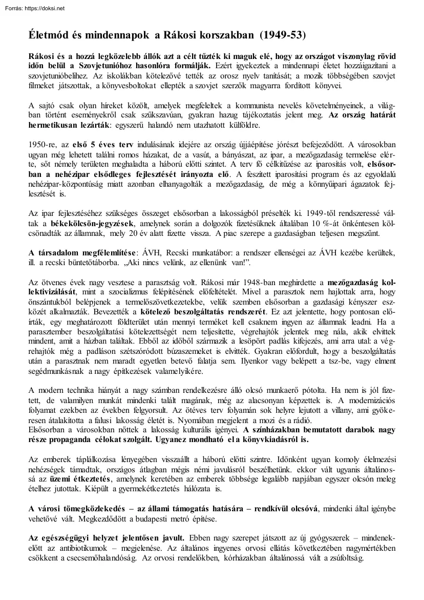 Életmód és mindennapok a Rákosi korszakban (1949-53)
