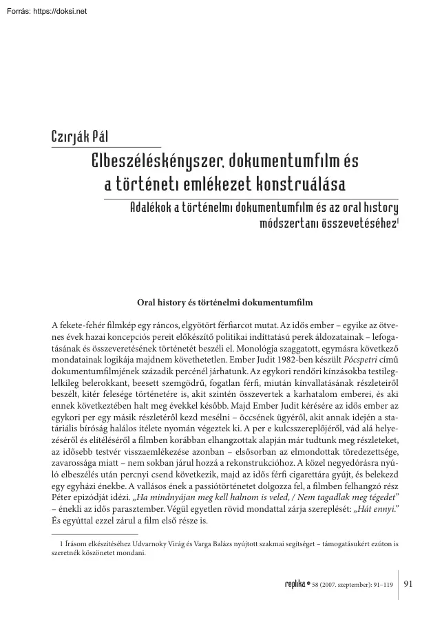 Czirják Pál - Elbeszéléskényszer, dokumentumfilm és a történeti emlékezet konstruálása