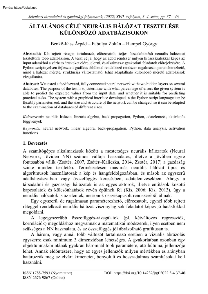 Általános célú neurális hálózat tesztelése különböző adatbázisokon