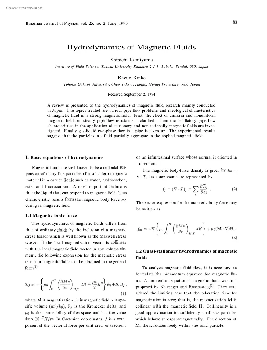 Hydrodynamics of Magnetic Fluids