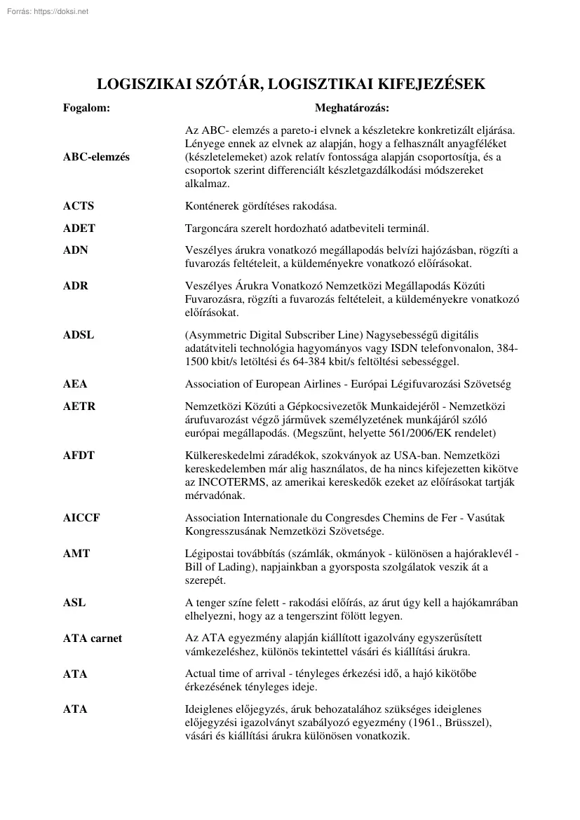 Logisztikai szótár, logisztikai kifejezések