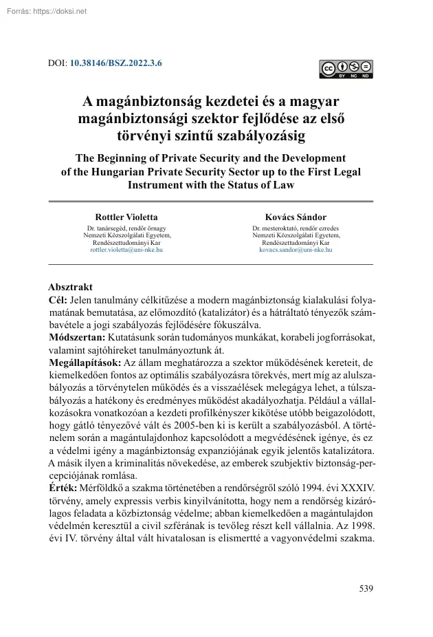 Rottler-Kovács - A magánbiztonság kezdetei és a magyar magánbiztonsági szektor fejlődése az