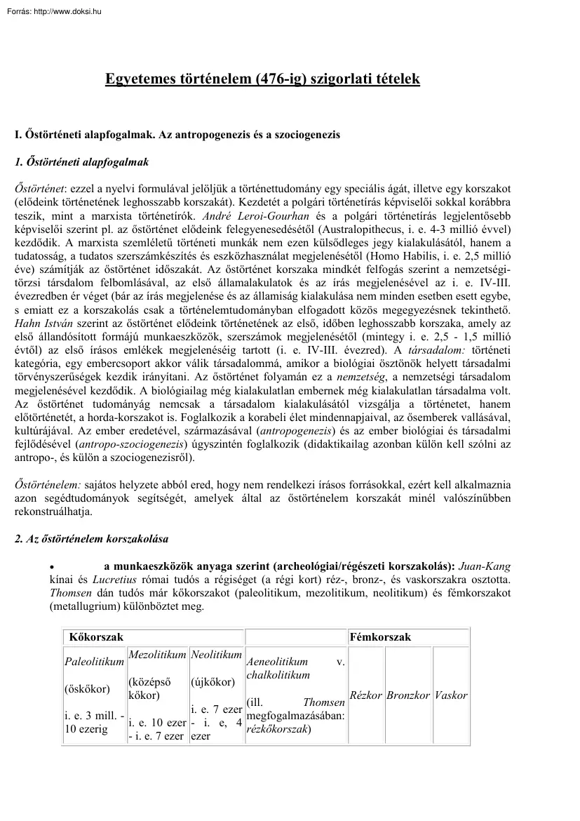 Egyetemes történelem 476-ig, szigorlati tételek