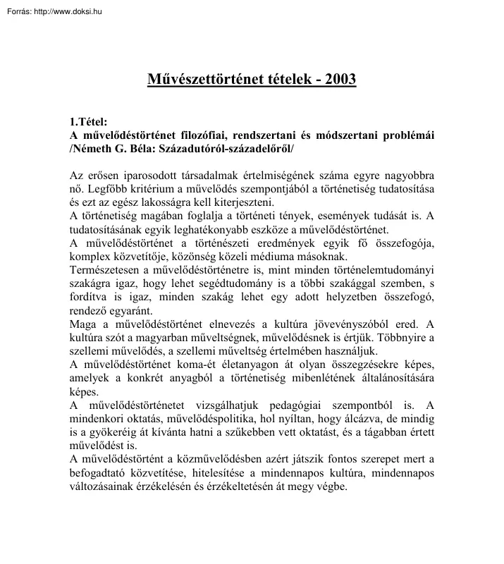 Művészettörténet tételek, 2003