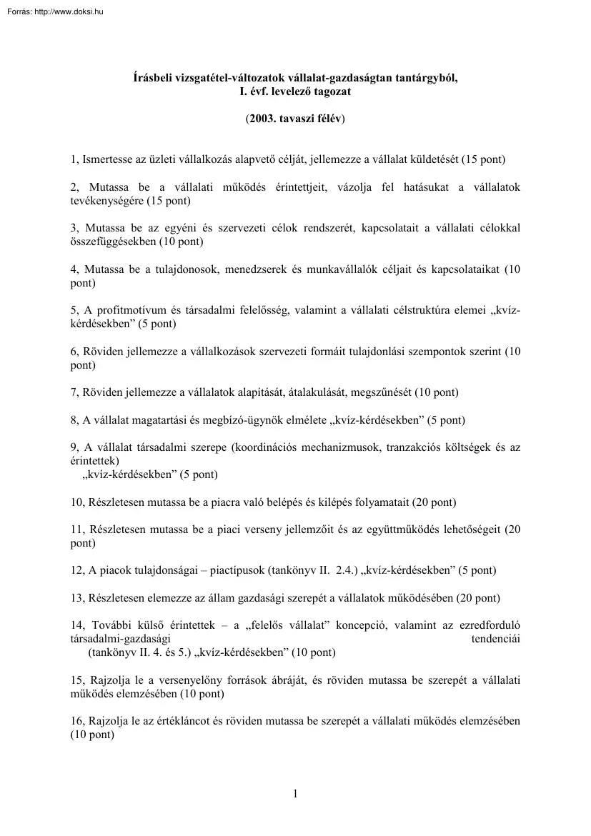 Írásbeli vizsgatétel-változatok vállalatgazdaságtanból