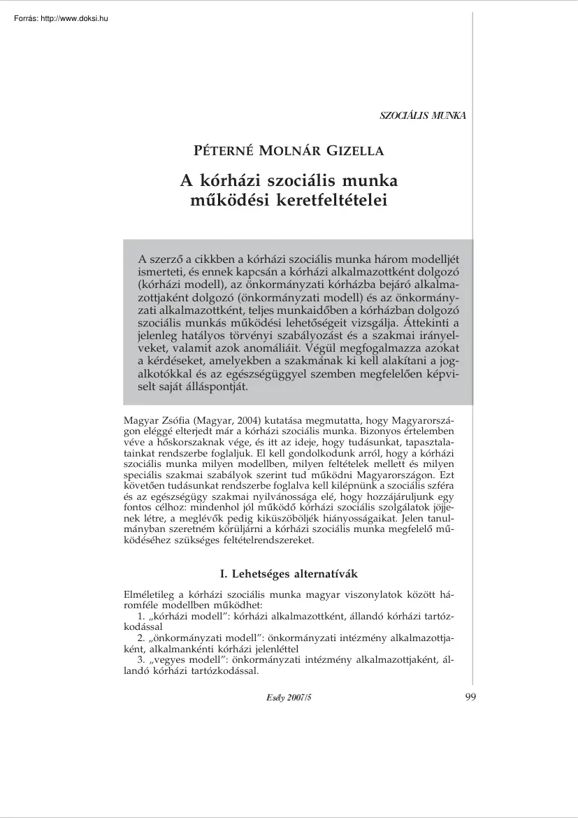 Péterné Molnár Gizella - A kórházi szociális munka működési keretfeltételei