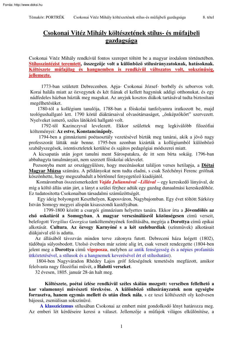 Csokonai Vitéz Mihály költészetének stílus- és műfajbeli gazdagsága