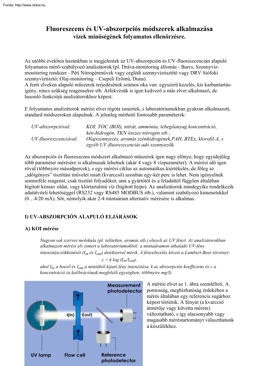 Fluoreszcens és UV-abszorpciós módszerek alkalmazása vizek minőségének folyamatos
