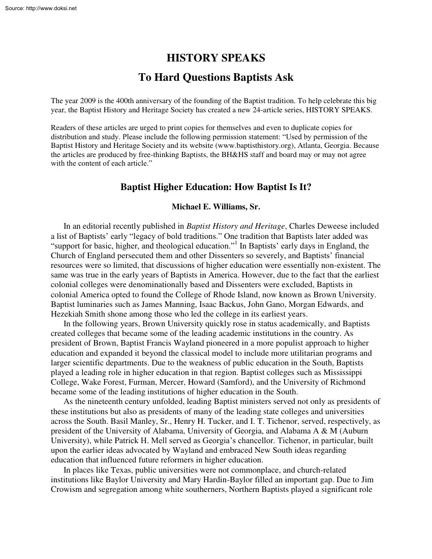 History Speaks, To Hard Questions Baptists Ask