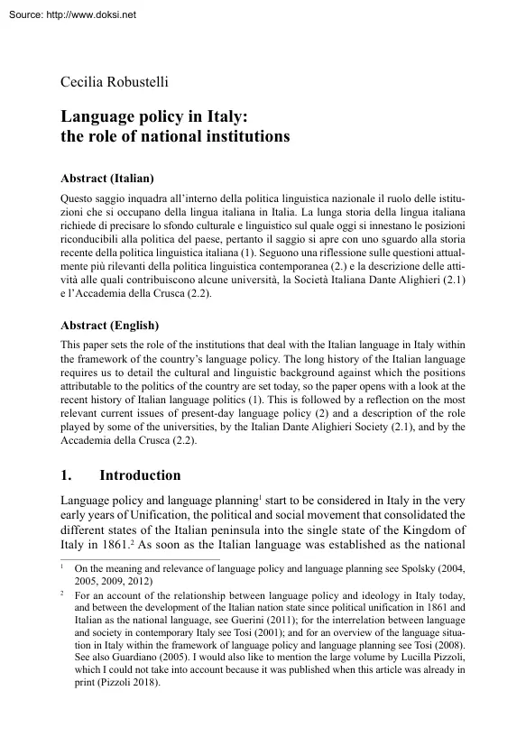Cecilia Robustelli - Language Policy in Italy, The Role of National Institutions