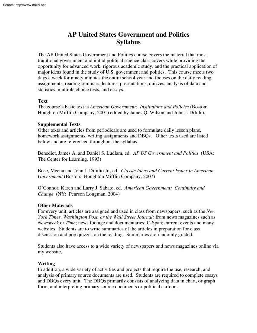 AP United States Government and Politics, Syllabus