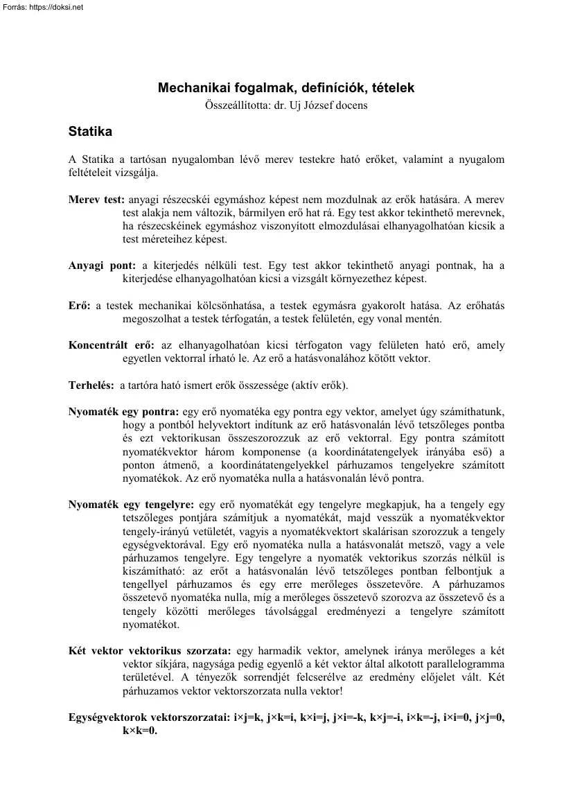 dr. Uj József - Mechanikai fogalmak, definíciók, tételek