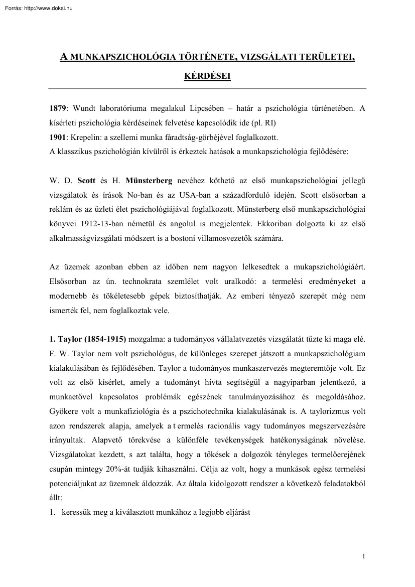 A munkapszichológia története, vizsgálati területei