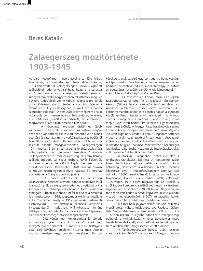 Béres Katalin - Zalaegerszeg mozitörténete, 1903-1945