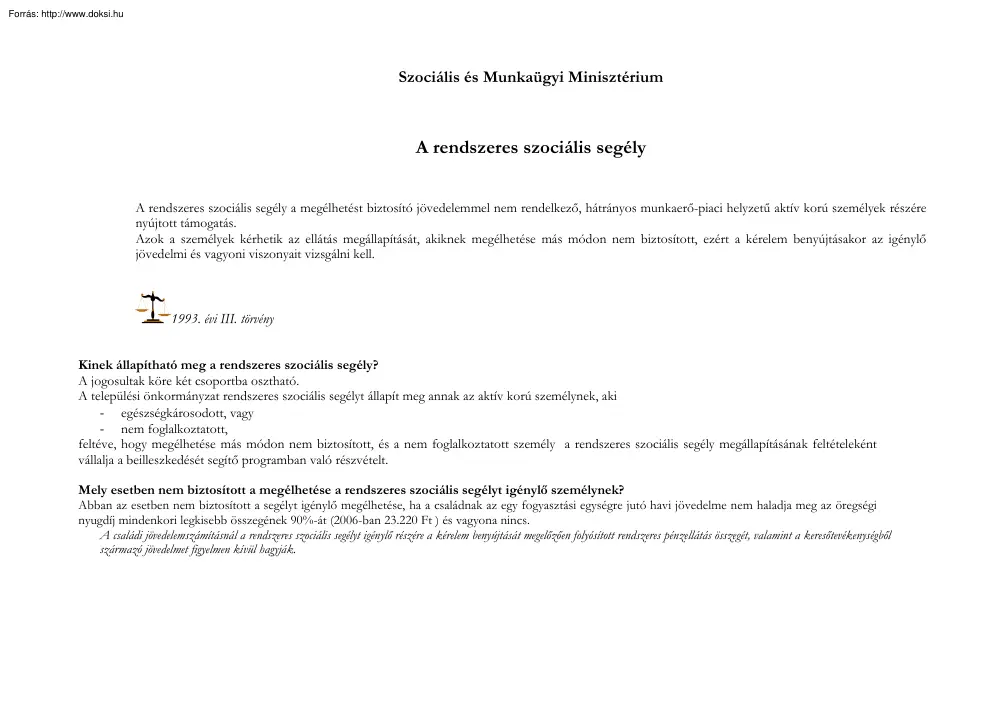 A rendszeres szociális segély
