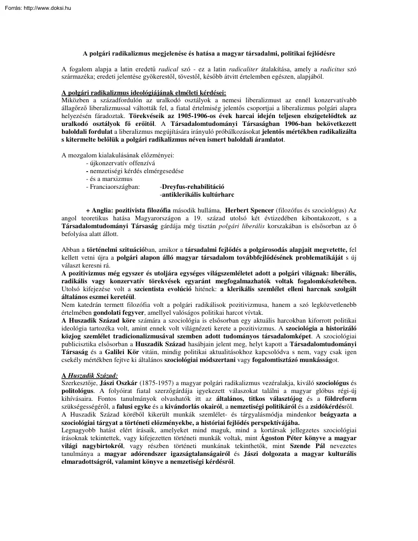 A polgári radikalizmus megjelenése és hatása a magyar társadalmi, politikai fejlődésre
