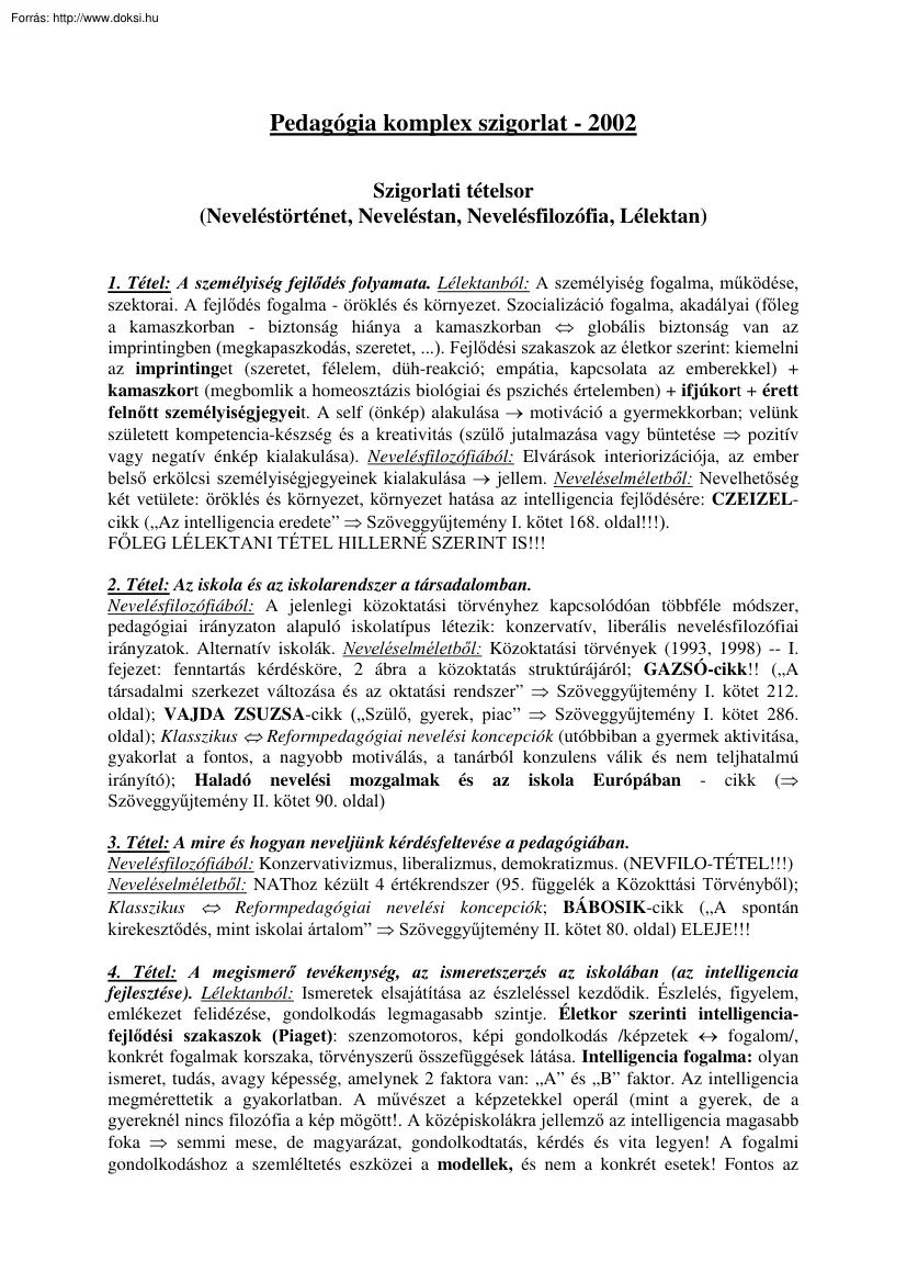 Pedagógia komplex szigorlat, 2002