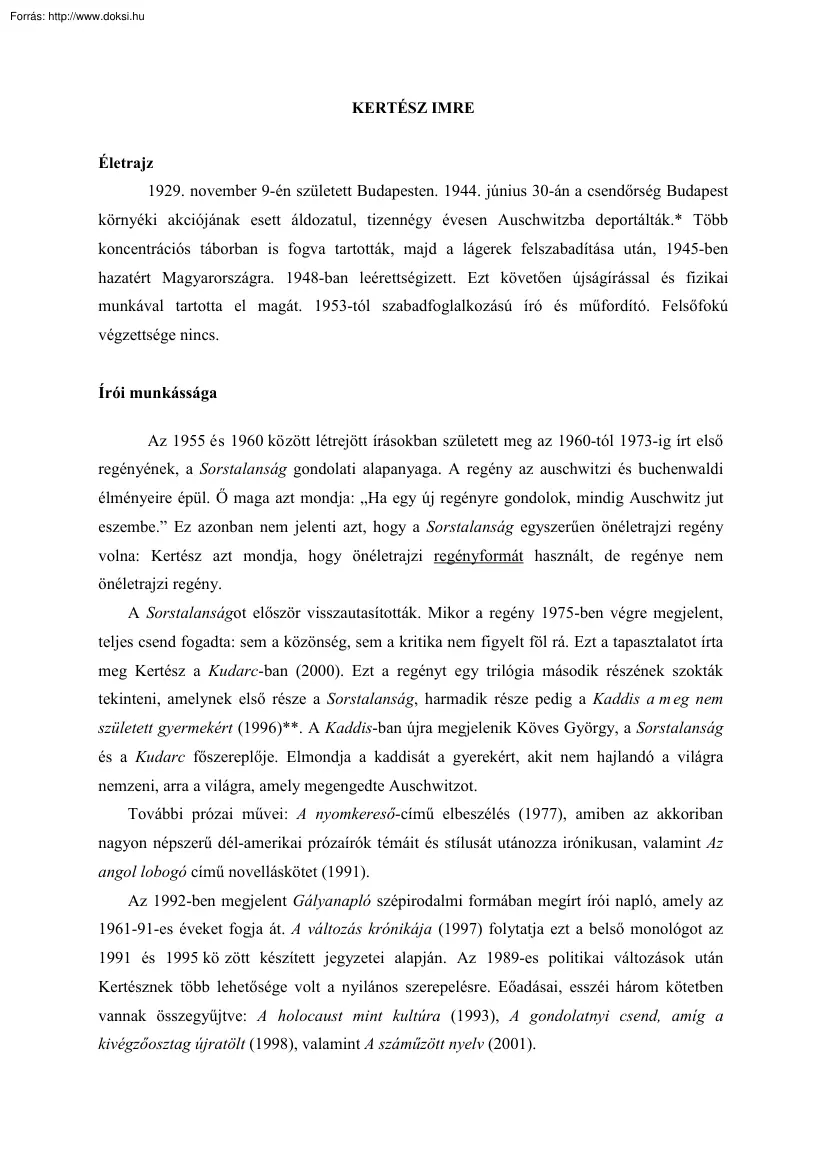 Kertész Imre érettségi tétel, 2003