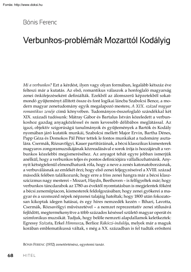 Bónis Ferenc - Verbunkos-problémák Mozarttól Kodályig