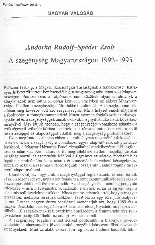 Andorka-Spéder - A szegénység Magyarországon 1992-1995