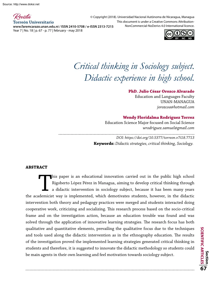 Critical thinking in Sociology subject, Didactic experience in high school