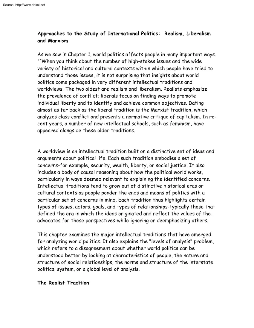 Approaches to the Study of International Politics, Realism, Liberalism and Marxism