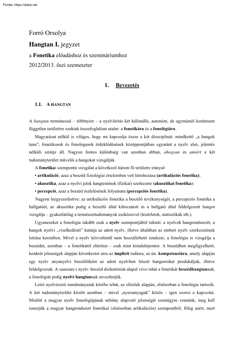Forró Orsolya - Hangtan I. jegyzet