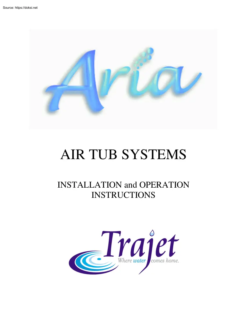 Aria Air Tub Systems, Installation and Operation Instructions