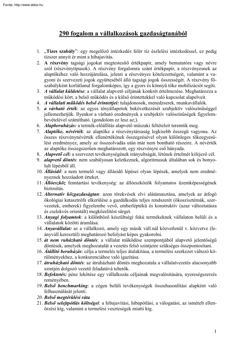 290 fogalom a vállalkozások gazdaságtanából