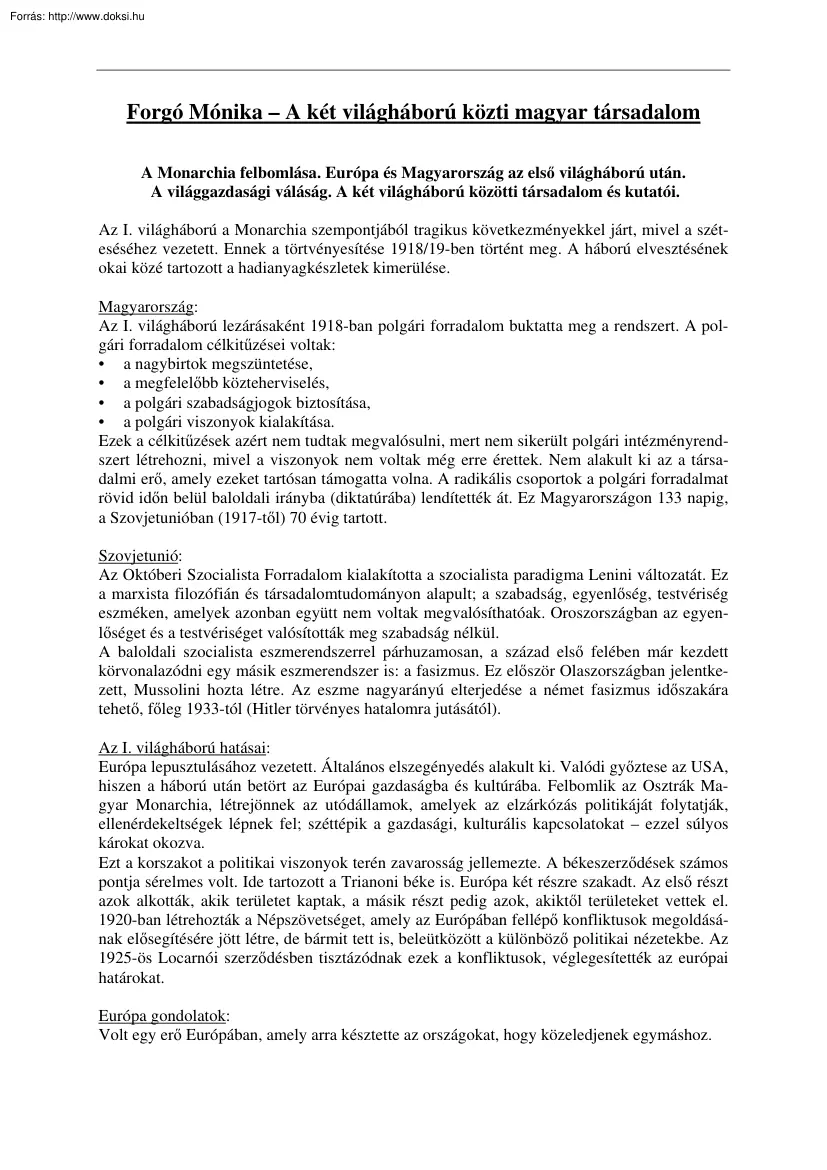 Forgó Mónika - A két világháború közti magyar társadalom