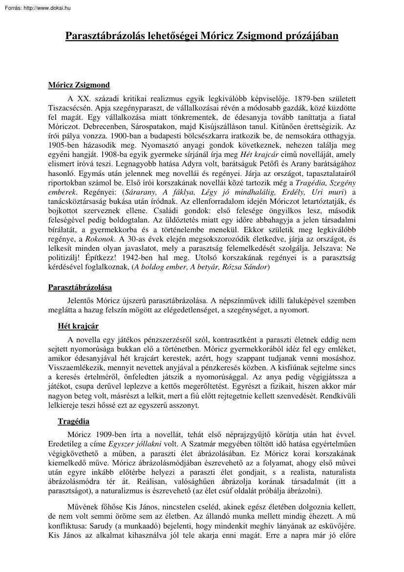 A parasztábrázolás lehetőségei Móricz Zsigmond prózájában