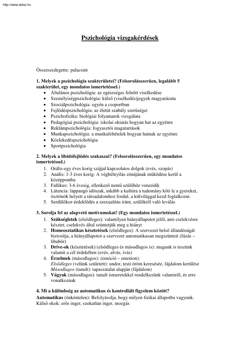 Pszichológia vizsgakérdések