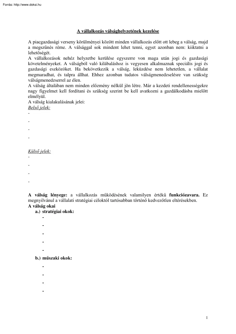 A vállalkozás válsághelyzetének kezelése