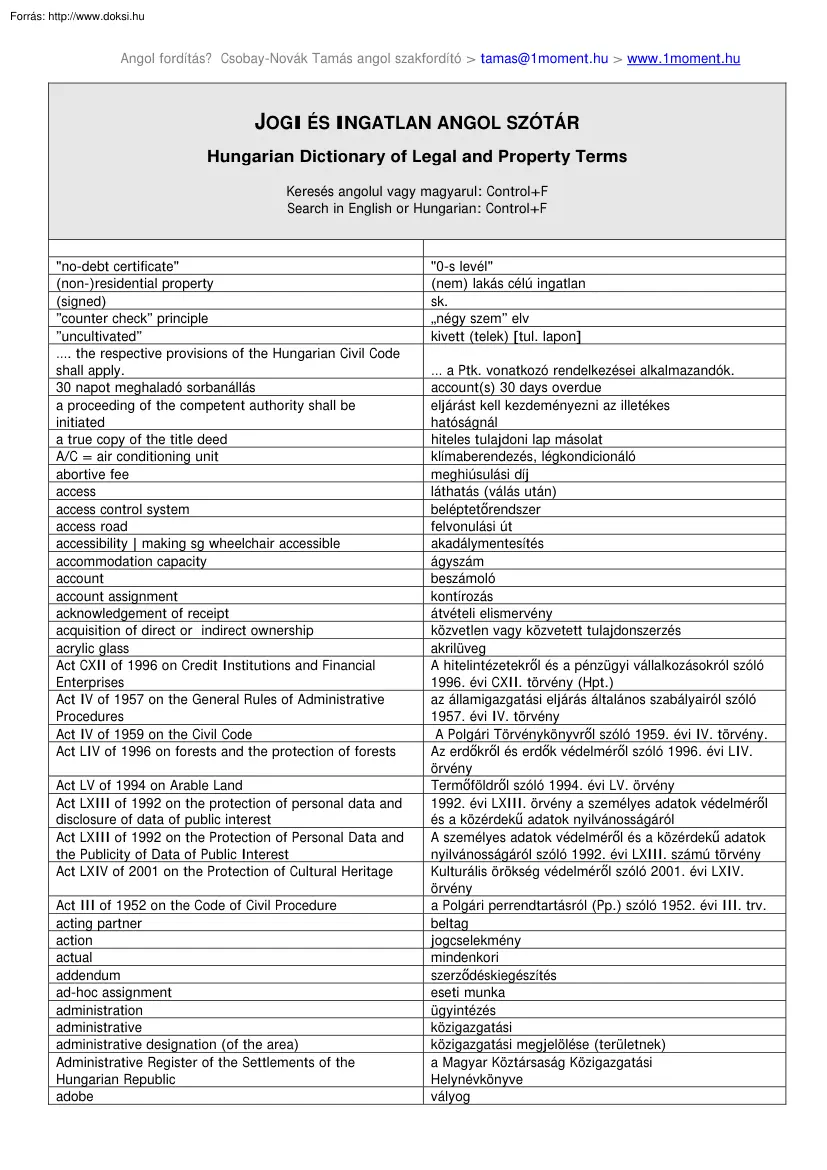 Jogi és ingatlan angol szótár