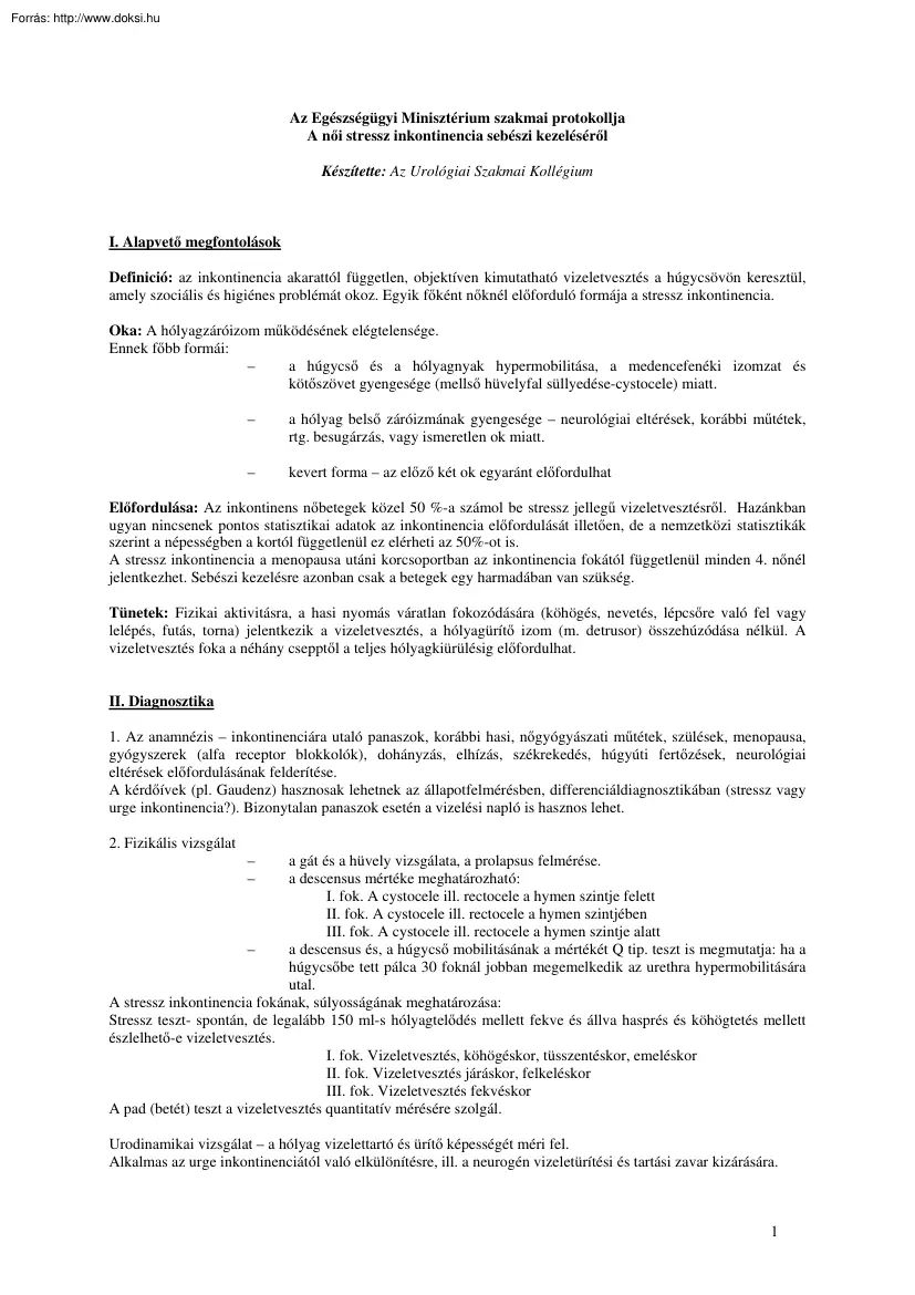 Az Egészségügyi Minisztérium szakmai protokollja, A női stressz inkontinencia sebészi
